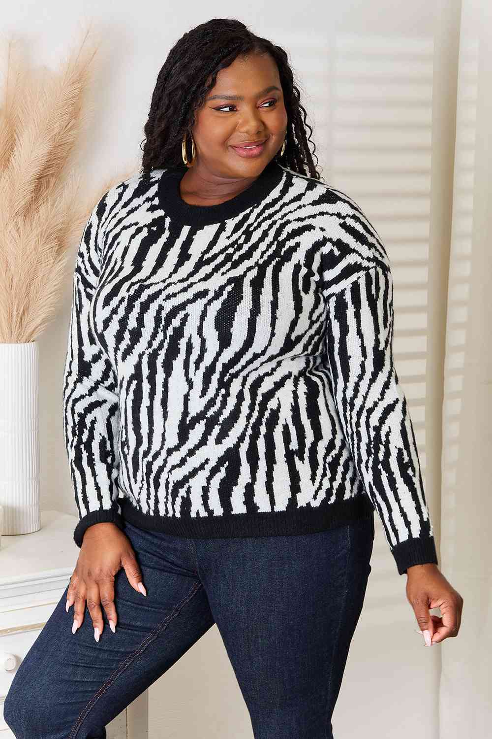 Heimish Full Size Zebra Print Sweater - Pullover Sweaters - FITGGINS