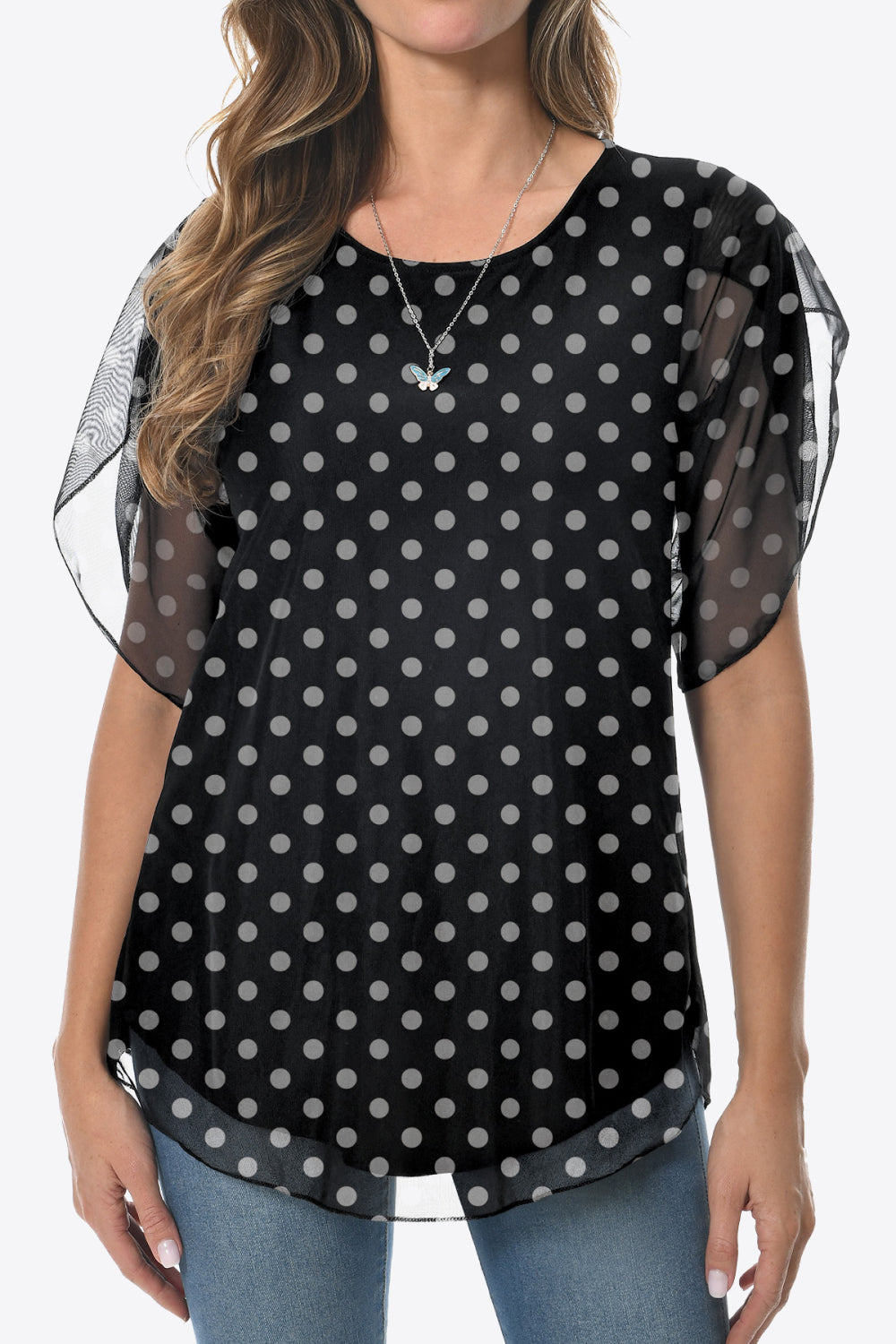 Printed Round Neck Curved Hem Blouse - Blouses - FITGGINS