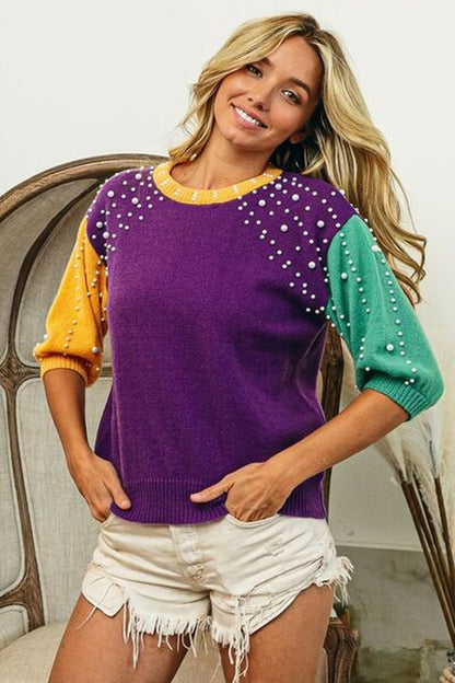 BiBi Color Block Pearl Detail Round Neck Sweater - Pullover Sweaters - FITGGINS