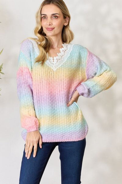 BiBi Rainbow Gradient Crochet Deetail Sweater - Pullover Sweaters - FITGGINS