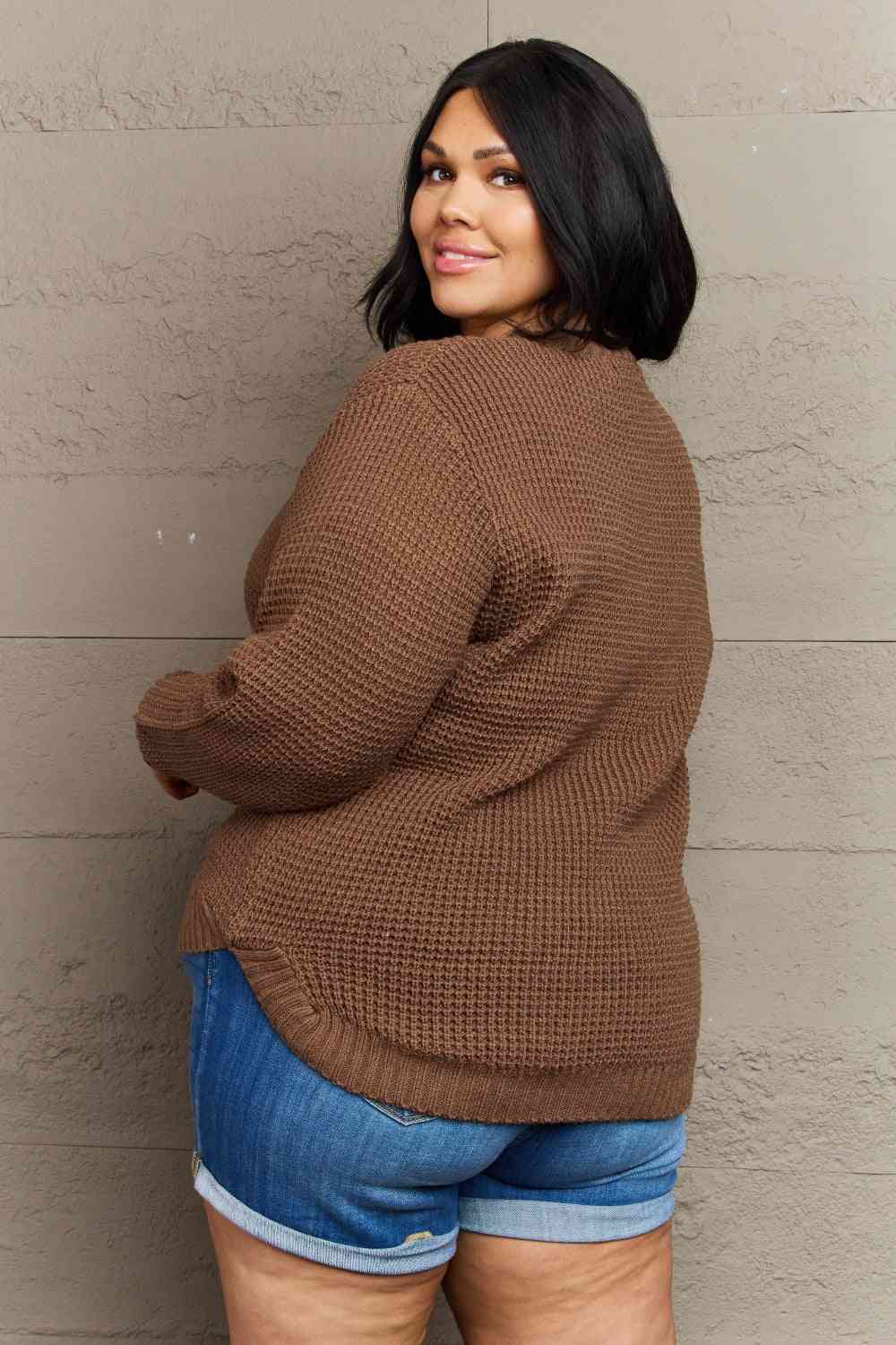 Zenana Breezy Days Plus Size High Low Waffle Knit Sweater - Pullover Sweaters - FITGGINS