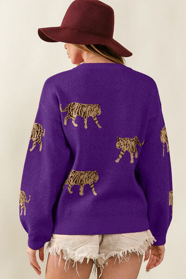 BiBi Tiger Pattern Long Sleeve Sweater - Pullover Sweaters - FITGGINS